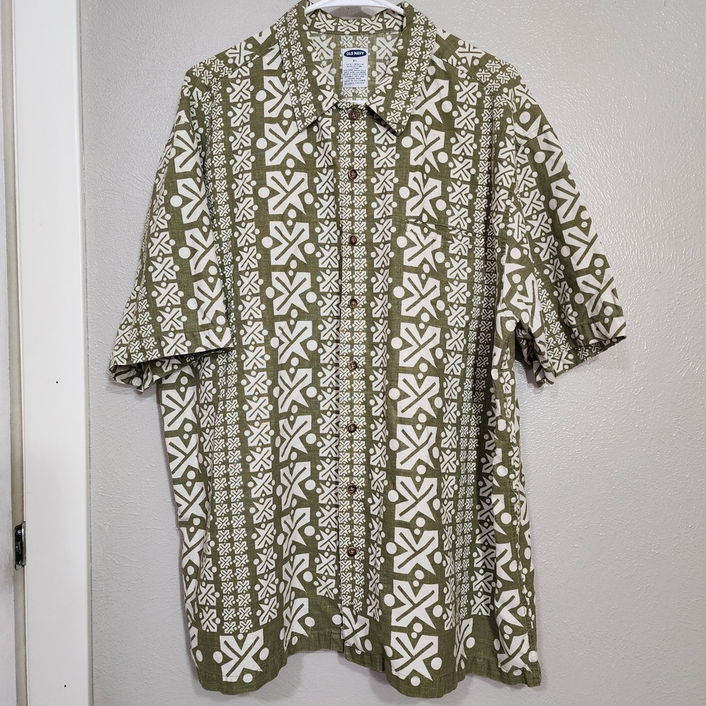 Old Navy Shirt Mens XL Short Sleeve Linen Blend Button Up Hawaiian Floral Green